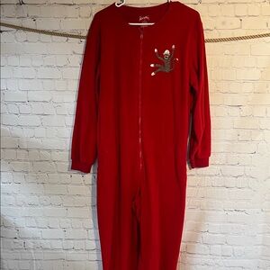 Large Nick & Nora Red Zip-Up Onesie with Sock Monkey Patch. Monkey feet. Fleece